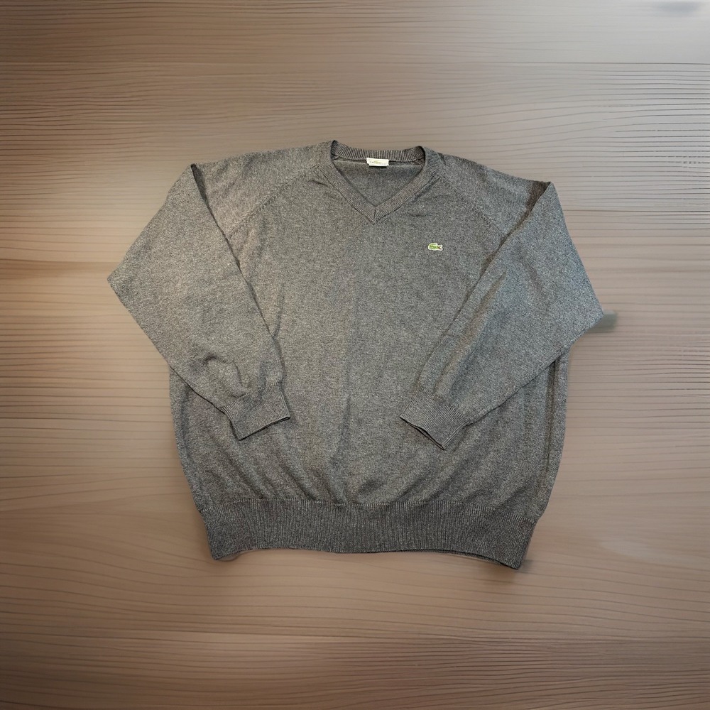 Lacoste Men's V Neck Sweater Gray Classic Fit Size 9 Preppy Pullover‎ Logo Large